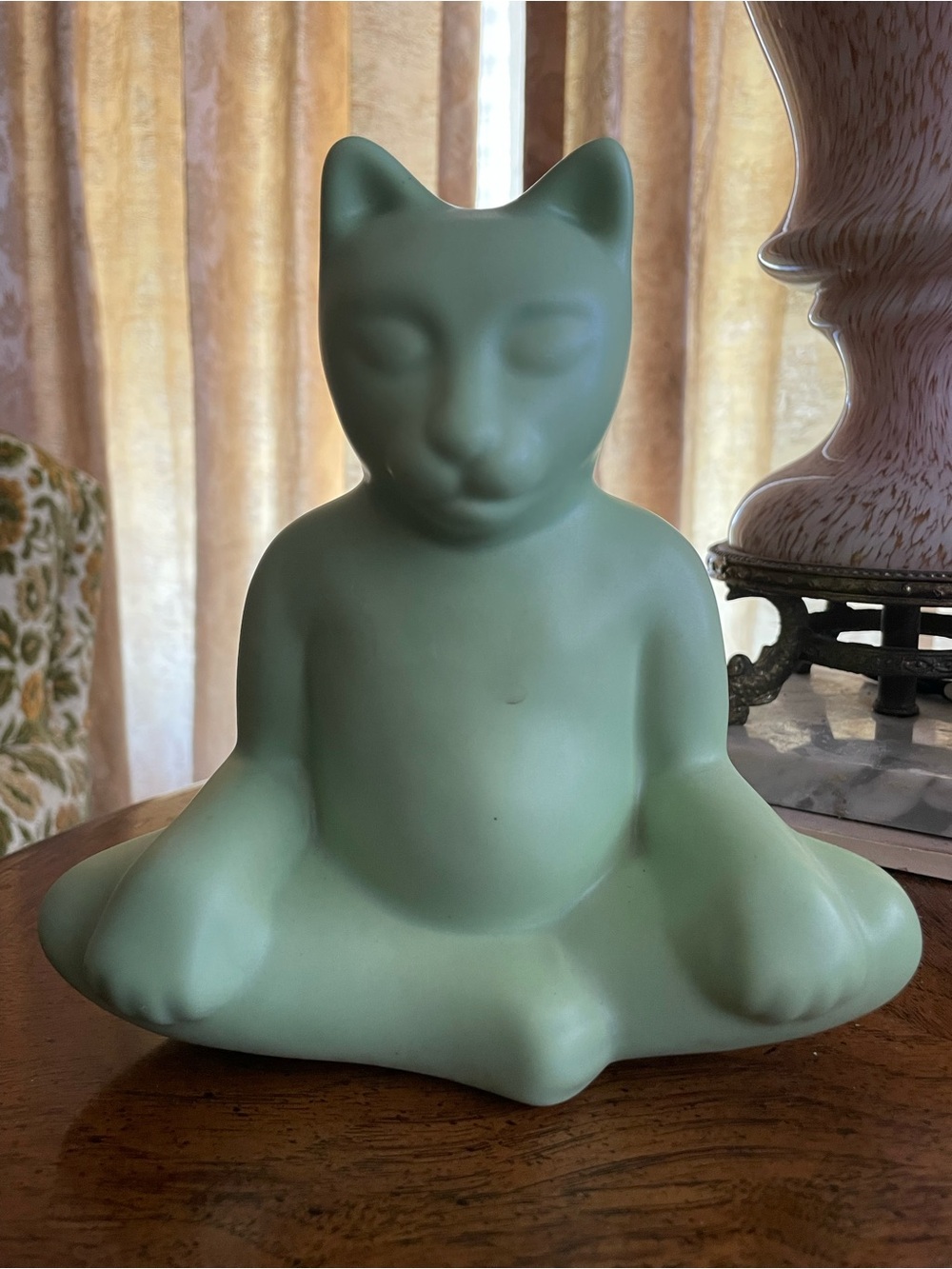 Meditating Cat Figurine in Soothing Matte Mint Color